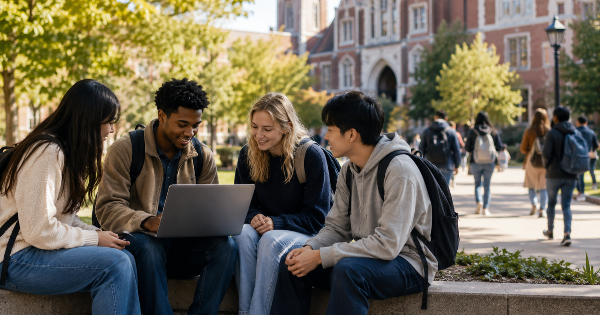 Four students on campus by chatgpt